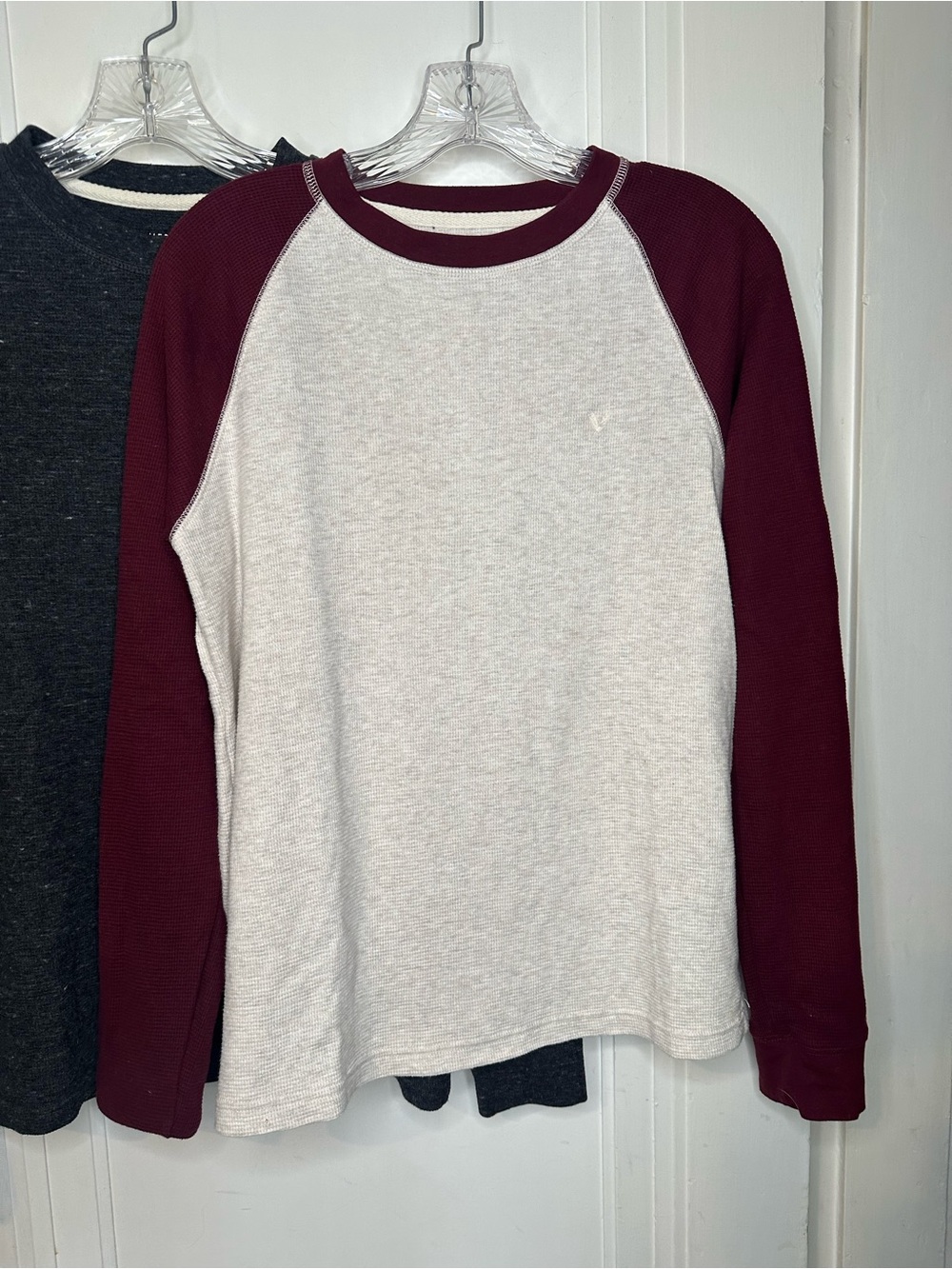 American Eagle Outfitters Cream and Burgundy Raglan and Grey waffle knit flannel - Picture 2 of 8
